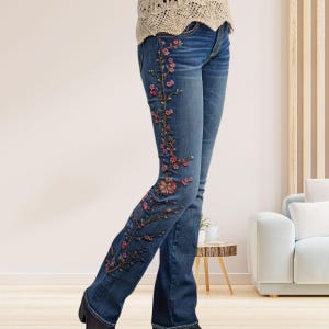 Embroidered Flare Jeans for Women – Retro High Waist Boho Denim Pants, Floral Embellished Wide Leg Jeans, Casual Chic 70s Style Bell Bottoms