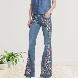 Floral Embroidered Flare Jeans for Women, High Waist Bell Bottom Stretch Denim Pants with Button Fly & Pockets, Lightweight Summer Style