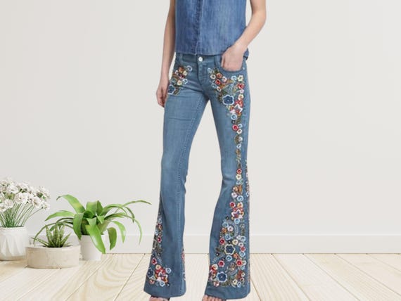 Floral Embroidered Flare Jeans, High Waist Stretch Denim - Etsy