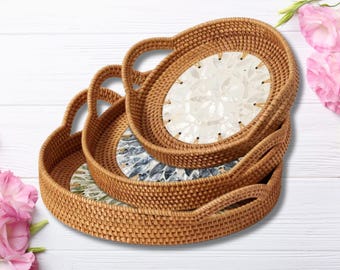 Handgeweven rotan dienbladset, parelmoer inlegwerk, boho-decor