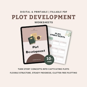 Könnte beinhalten: Digitale und druckbare Plot-Entwicklungsblätter mit über 10 Seiten. Die Arbeitsblätter zeigen ein braunes und weißes illustriertes Notizbuch mit einer Kaffeetasse und einem grünen Buch. Die Arbeitsblätter sollen Autoren helfen, Story-Konzepte in fesselnde Plots zu verwandeln.