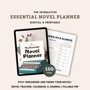 Essential Novel Planner & Journal for Writers, Fillable and Printable PDF | Digital Novel Writing Notebook, Calendar, Trackers, Goals