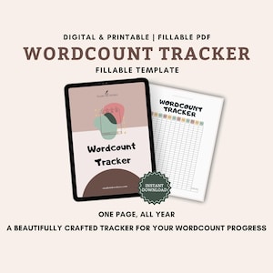 Op de afbeelding: Een digitale en printbare wordcount tracker sjabloon. De afbeelding toont een tablet met het ontwerp van de tracker-omslag, naast een gedrukte versie. Het ontwerp bevat de tekst "Wordcount Tracker" en "Instant Download."