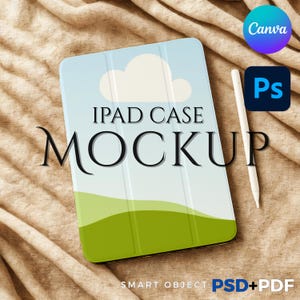 May include: An iPad case mockup with a landscape design featuring a blue sky, white cloud, and green hills. The text "IPAD CASE MOCKUP" is displayed on the case. A white stylus and Canva and Photoshop logos are also visible.