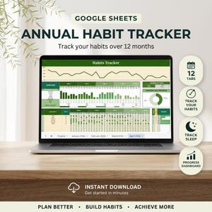 May include: A laptop displaying a Google Sheets annual habit tracker with green charts, tables, and progress bars. Text includes "GOOGLE SHEETS ANNUAL HABIT TRACKER", "12 TABS", "TRACK YOUR HABITS", "TRACK SLEEP", "PROGRESS DASHBOARD", and "INSTANT DOWNLOAD".