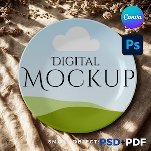 May include: A round, white plate with a light blue sky design, a white cloud, and green landscape. The words "DIGITAL MOCKUP" are printed on the plate. The plate is a smart object, PSD + PDF.