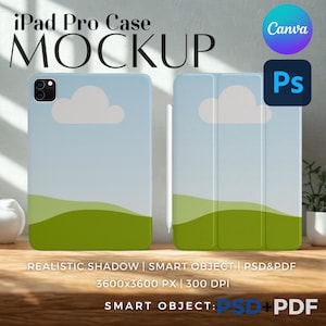 May include: An iPad Pro case mockup with a landscape design featuring a blue sky, white cloud, and green hills. The text "iPad Pro Case MOCKUP" is at the top. The image also includes the Canva and Photoshop logos.