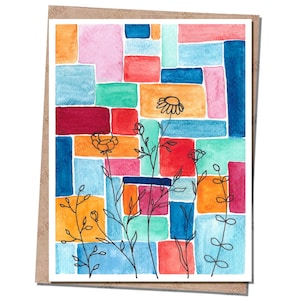 May include: Watercolor painting of a colorful abstract geometric pattern with black line drawings of flowers and leaves.