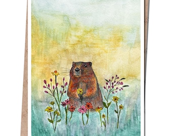 Groundhog Wants to Give you a Flower Watercolor Greeting Card: Handmade Floral A2 Card