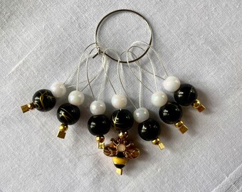 Handmade Bee Stitch Markers: Glass Beads & Enamel Charm, Set of 7