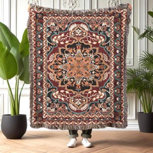 Persian Style Woven Blanket, Boho Cotton Tapestry Throw, Vintage Look Sofa Blanket, Ethnic Rug Design Wall Decor, Cozy Bed Throw