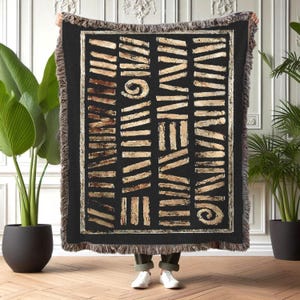 African Inspired Geometric Woven Throw Blanket, Modern Ethnic Mudcloth Tapestry, Boho Afrocentric Woven Wall or Sofa Cover