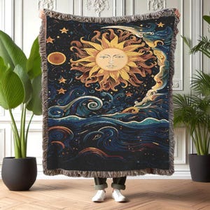 Sun and Moon Woven Cotton Blanket: Celestial Boho Tapestry with Fringe