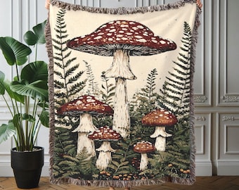 Mushroom Forest Cotton Woven Blanket: Cottagecore Fungi Tapestry Throw