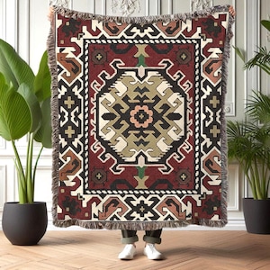 Ethnic Kilim Pattern Blanket, Turkish Tribal Throw, Geometric Sofa Cover, Bohemian Wall Hanging, Cozy Woven Tapestry, Decorative Rug Art