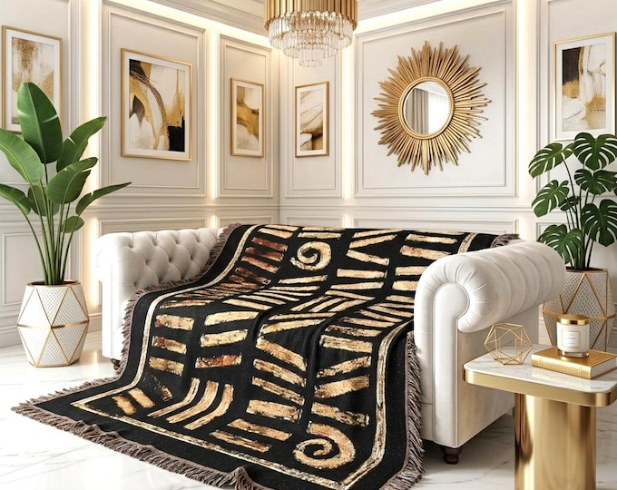 Geometric Mudcloth Throw Blanket: African Inspired Woven Cotton Sofa Cover