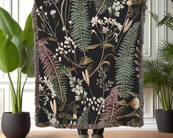 Moody Floral Woven Blanket: Cottagecore Fern Tapestry Throw