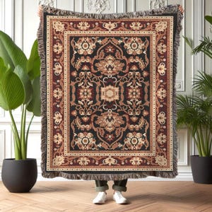 Persian Style Woven Blanket, Boho Cotton Tapestry Throw, Vintage Look Sofa Blanket, Ethnic Rug Design Wall Decor, Cozy Bed Throw