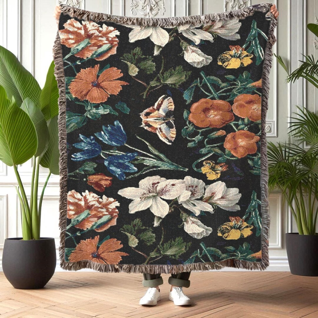 Botanical Throw Blanket, Cottagecore Floral Woven Blanket, Floral ...