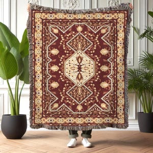 Oriental Woven Throw Blanket, Persian Carpet Inspired Cotton Tapestry with Fringe, Ethnic Decorative Blanket for Home Styling