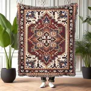 Boho Persian Throw Blanket, Ornate Cotton Woven Rug Style Tapestry, Ethnic Geometric Mandala Decor for Couch or Bed