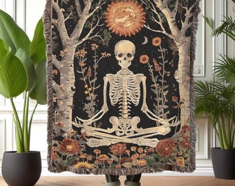 Cottagecore Skeleton Yoga Blanket: Floral Meditating Skeleton, Boho Tapestry