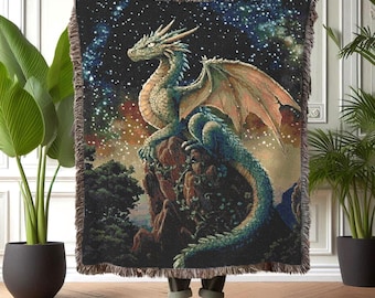 Dragon Woven Cotton Blanket: Medieval Fantasy Tapestry Throw