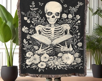Skeleton Reading Woven Blanket: Gothic Dark Academia Throw