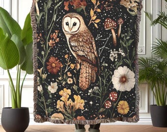 Dark Cottagecore Owl Woven Blanket: Botanical Boho Throw