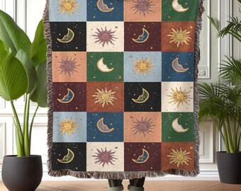 Sun and Moon Woven Cotton Blanket: Boho Celestial Tapestry Throw