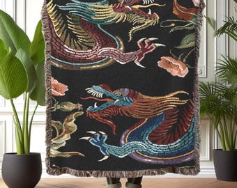 Dragon Woven Cotton Blanket: Medieval Fantasy Tapestry Throw
