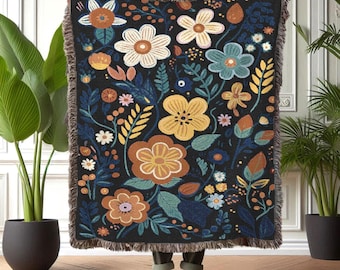 Floral Woven Blanket: Norwegian Folk Art Cotton Throw with Fringe