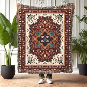 Persian Style Woven Blanket, Boho Cotton Tapestry Throw, Vintage Look Sofa Blanket, Ethnic Rug Design Wall Decor, Cozy Bed Throw
