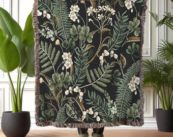Cottagecore Woven Blanket: Botanical Fern & Floral Throw, Rustic Home Decor