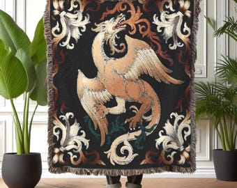 Woven Cotton Dragon Throw Blanket: Gothic Fantasy Bed Cover