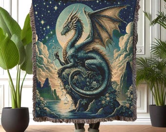 Dragon Tapestry Blanket: Cotton Woven Throw, Fantasy Medieval Decor