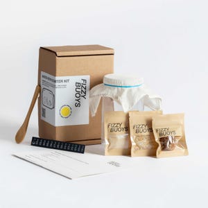 May include: A water kefir starter kit featuring a cardboard box, glass jar, wooden spoon, and small packets labelled "Fizzy Buoys." The box has text that reads "Water Kefir Starter Kit." A temperature strip and instructions are also included.
