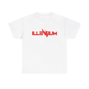 May include: White t-shirt with the word "ILLENIUM" in red, stylized text. The design includes a red flame or wing-like graphic above the word. The shirt is a basic crew neck style.