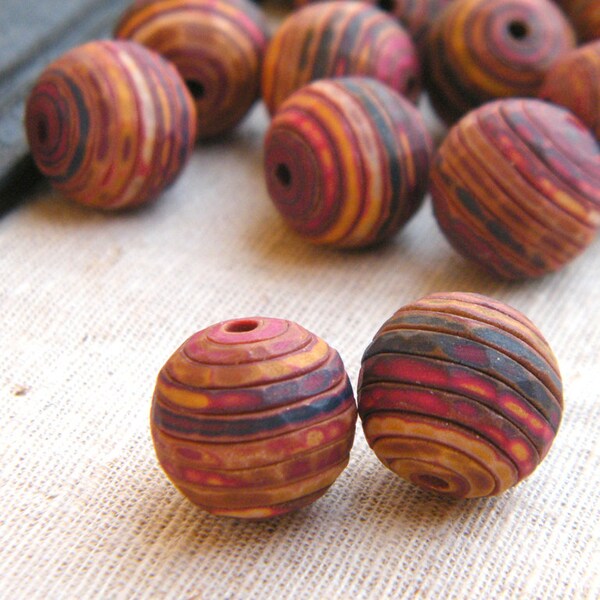 End of Summer - Rustic Stripes Round Beads - hand carved polymer clay rustic chunky multi-color - set of 2 (ready to ship)