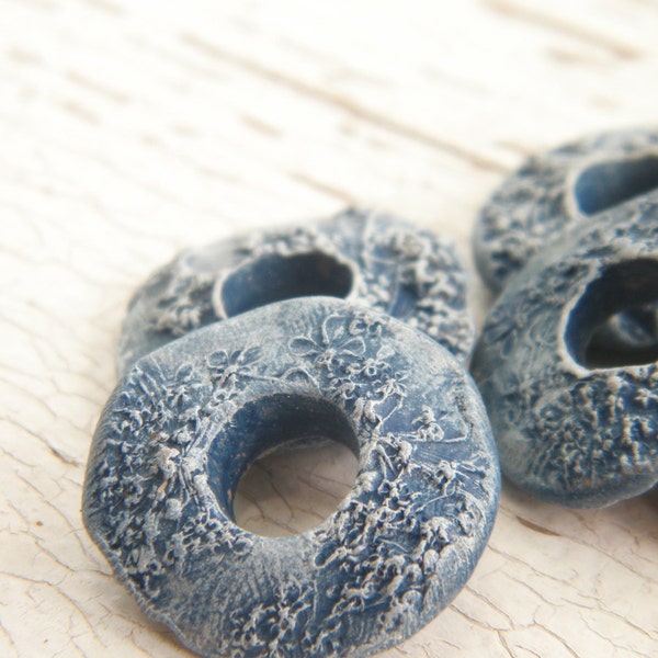 Dusty Denim Blue - Queen Anne's Lace rustic boho chic painted pressed flower donut link bead (ready to ship)