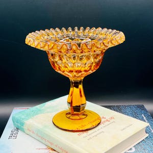 Vintage Fenton Amber Compote: Colonial Thumbprint Ruffled Glass Dish