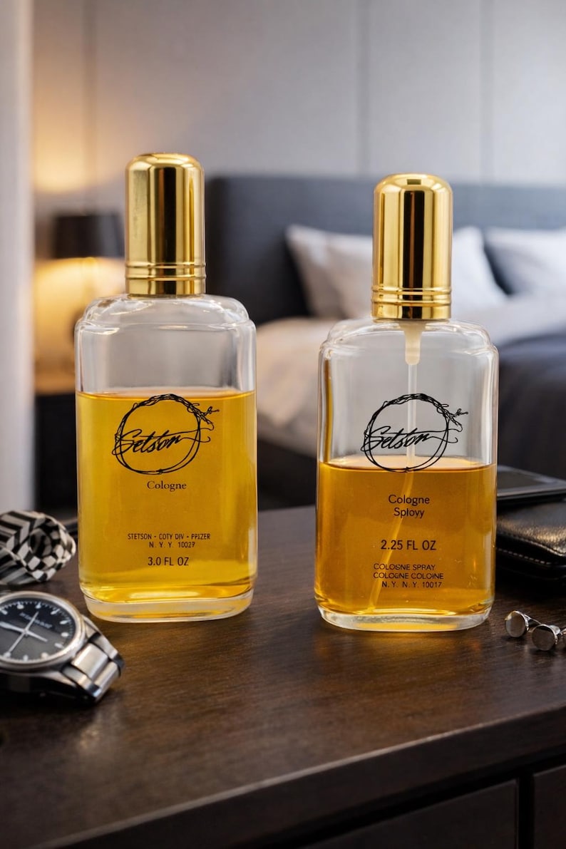 May include: Two glass cologne bottles with gold caps and amber liquid. The bottles are labeled "Stetson" and "Cologne." One bottle is 3.0 fl oz, the other is 2.25 fl oz. Accessories like a watch and cufflinks are nearby.