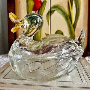 Vintage 1950s Jeanette Clear Glass Duck Covered Candy Dish Farmhouse Collectible