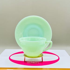 Vintage Fire-King Jadeite Jane Ray Cup and Saucer Set: 1940s Retro Kitchen Collectible