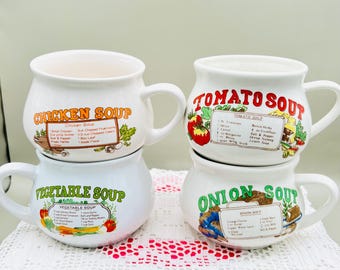 Juego de tazas de sopa vintage de los años 70 / Cocina retro de otoño estilo MCM / Sopa de pollo, cebolla, tomate y verduras