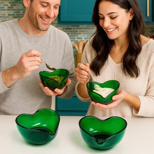 Puede incluir: Juego de dos cuencos vintage en forma de coraz&oacute;n de color verde esmeralda. Los cuencos est&aacute;n llenos de comida y son sostenidos por dos personas. Los cuencos son de dise&ntilde;o retro, perfectos para servir relish o mayonesa. Un objeto de colecci&oacute;n audaz para la cocina.