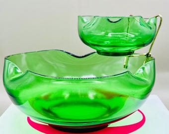 Juego de salsa para patatas fritas Anchor Hocking color verde menta / Cristalería vintage de los años 70 para el verano y para inauguraciones de casas.