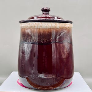 Vintage McCoy Crock Kanister: XL Braune Tropfglasur, 1970er Jahre Bauernhaus Küche Dekor