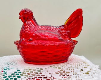 Plato de cristal vintage Amberina con gallina en nido de L.G. Wright / 12,7 cm (5 pulgadas) Regalo para el Día de la Madre