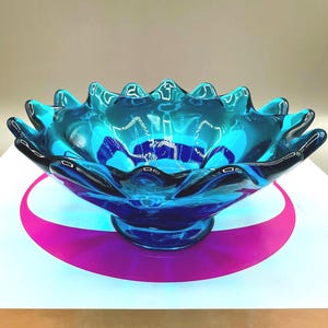 Vintage Viking Blue Art Glass Bowl: Ruffled Pedestal Centerpiece